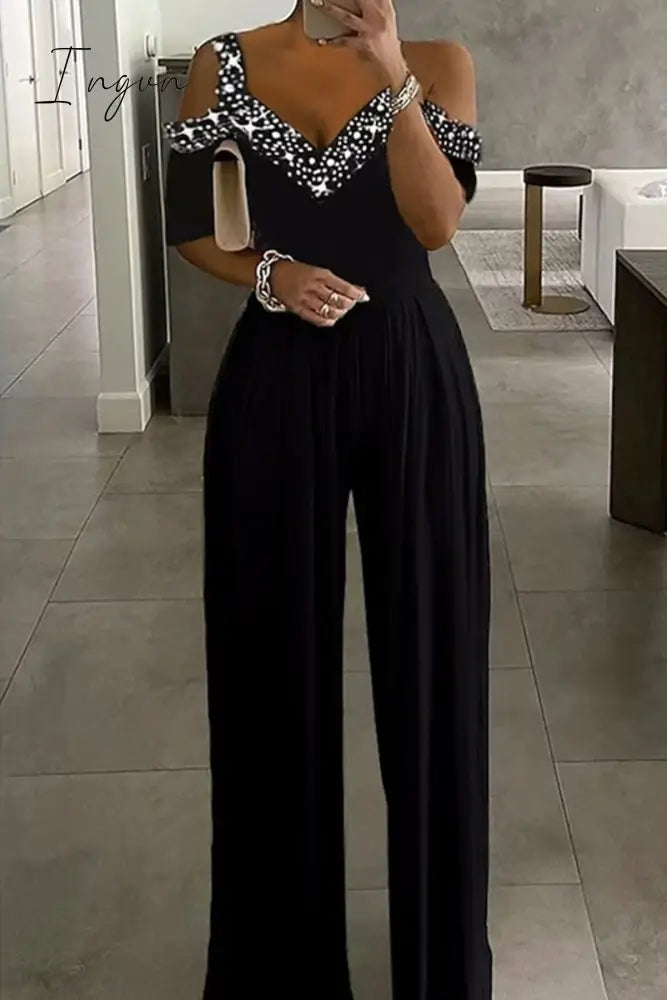 Ingvn - Casual Patchwork Print Hollowed Out V Neck Regular Jumpsuits Black / S & Rompers/Jumpsuits