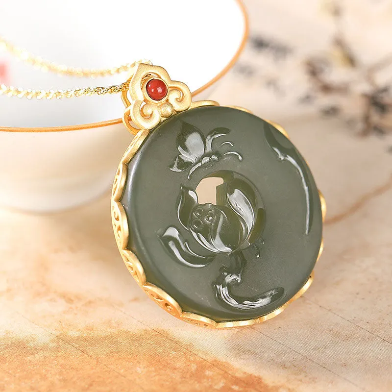Cyan Jade Lotus 925 Sterling Silver Round Butterfly Luck Necklace Pendant