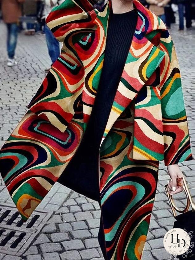 Coats Printed Long Sleeve Warm Woolen Coat for Women