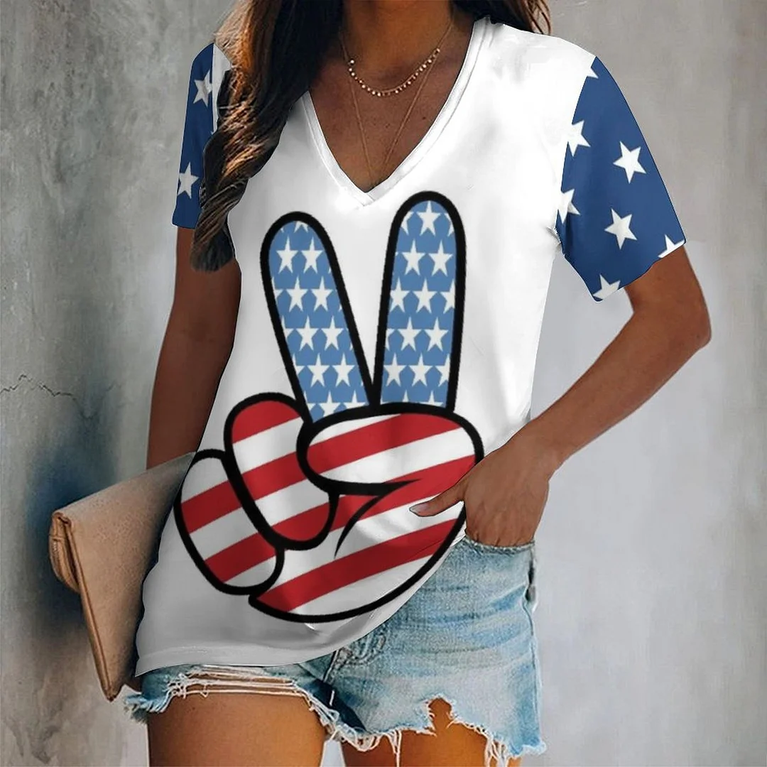V-neck Short Sleeve Casual T-shirt for  Women Printed with Pattern USA, Independence Day, Star, Striped, Blue, Red