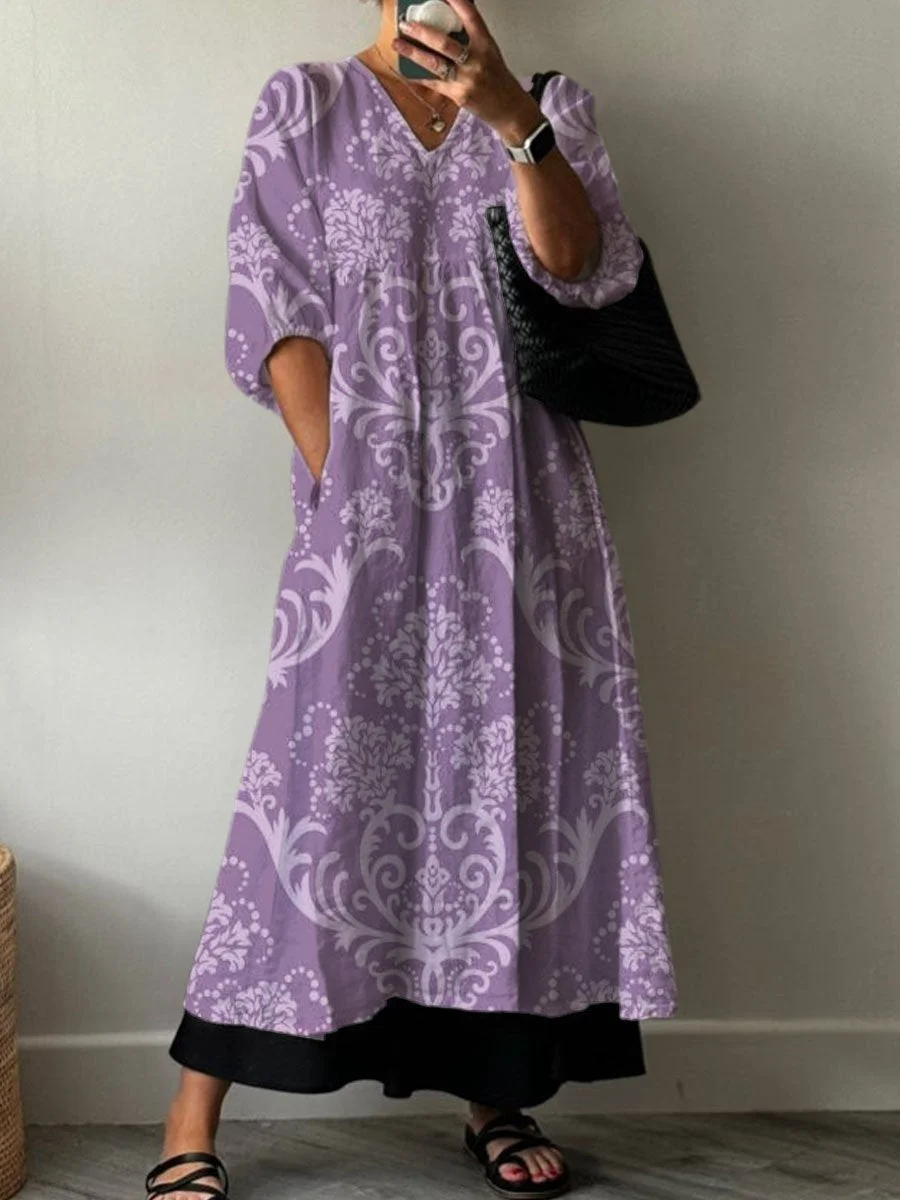 Women's Vintage Lovely Floral Art Print Pocket V-neck Cotton Dress