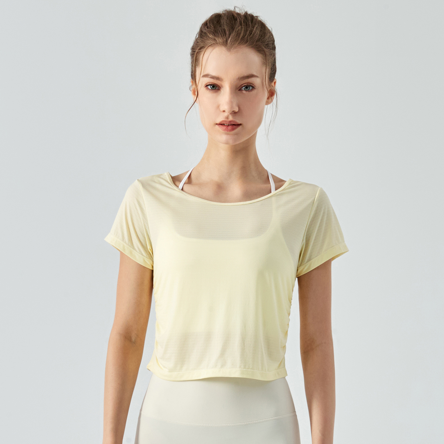 Buy Hergymclothing Buttery Yellow dry fit open back cotton soft lightweight breathable nature eco skin friendly nylon short sleeve yoga shirt for women at an affordable price