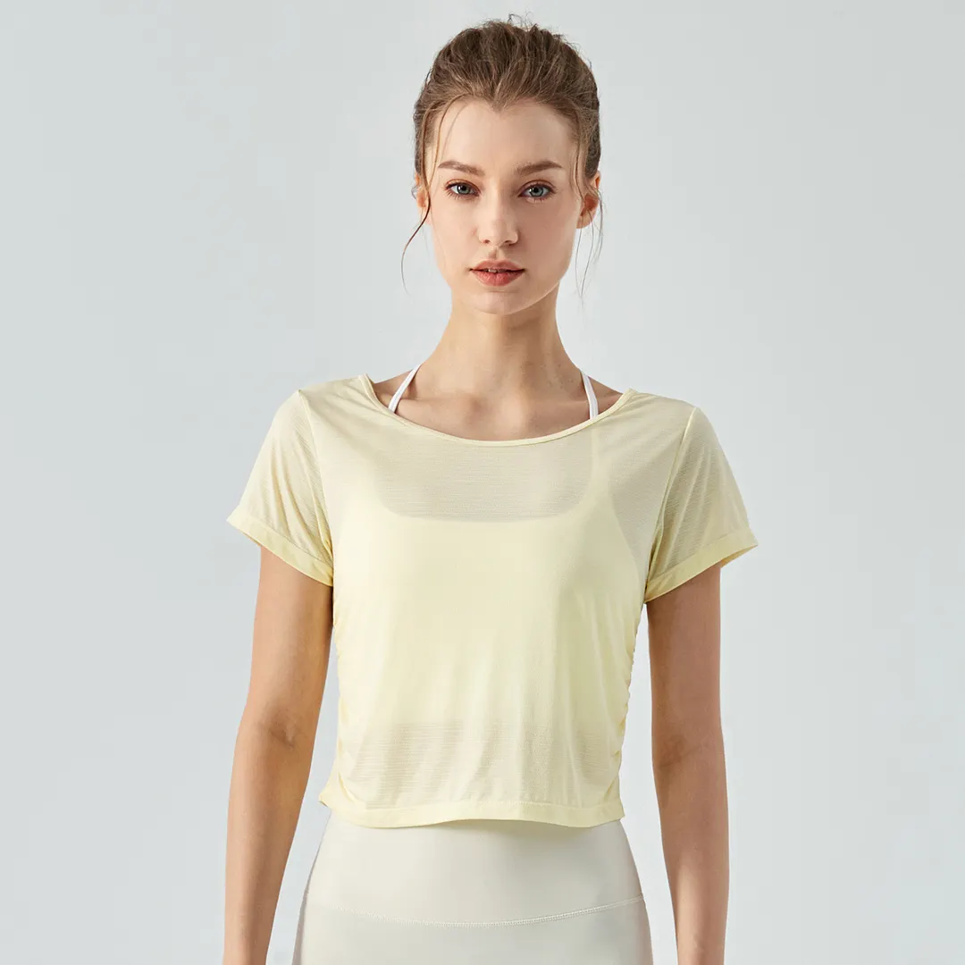 Buy Hergymclothing Buttery Yellow dry fit open back cotton soft lightweight breathable nature eco skin friendly nylon short sleeve yoga shirt for women at an affordable price