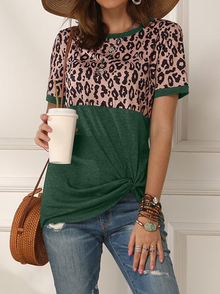 Leopard Print Short Sleeve O neck Patchwork Casual T Shirt For Women P1824279