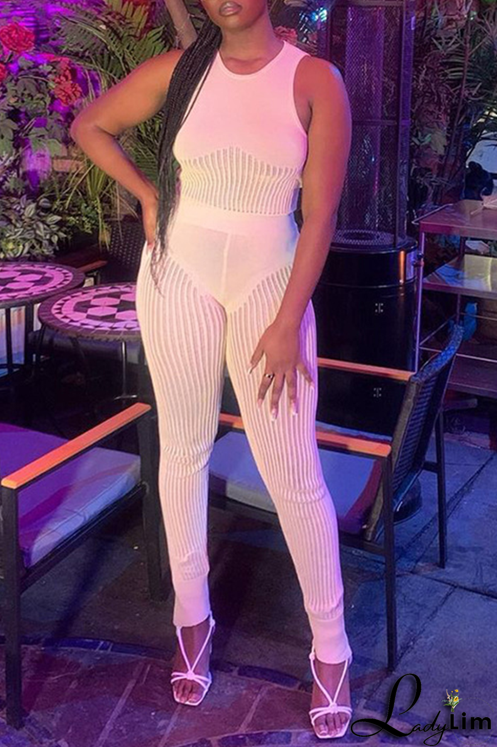 White Sexy Solid Split Joint Mesh O Neck Sleeveless Two Pieces