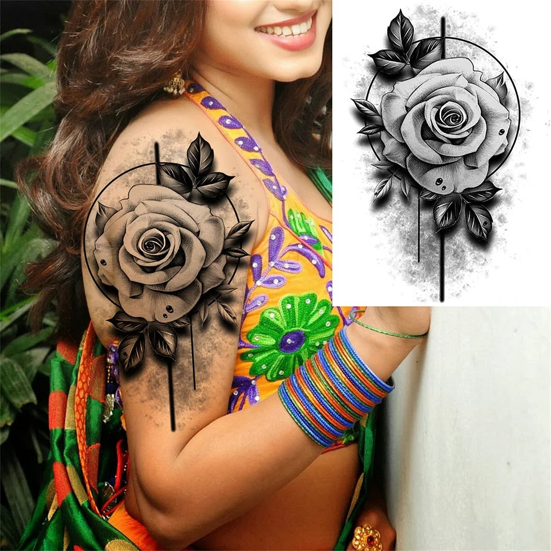 Floral Peony Temporary Tattoos For Women Adult Girls Black Snake Flower Tattoo Sticker Carnations Leaves Fake Tatoos Forearm