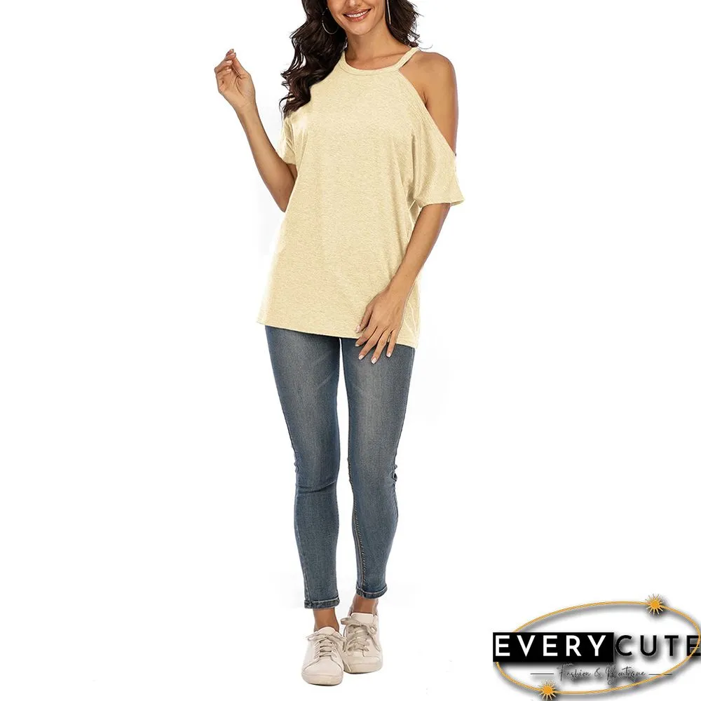 Beige Cotton Blend Cold Shoulder Tops