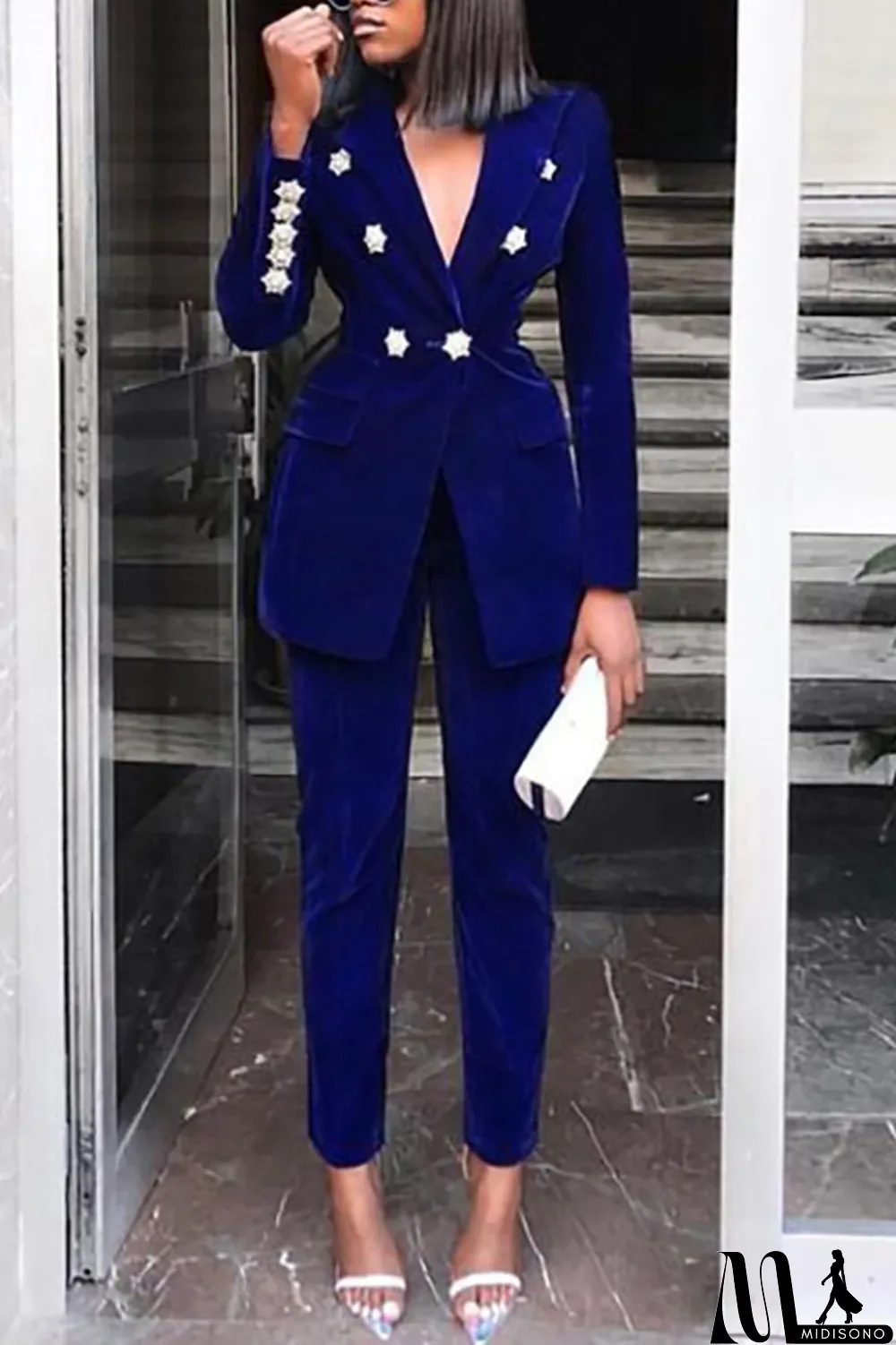 MidiSono - Blue Casual Solid Split Joint Turndown Collar Long Sleeve Two Pieces