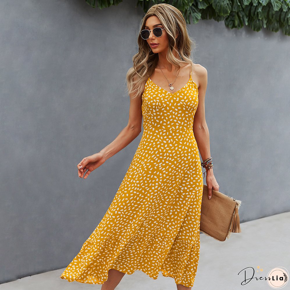Spring/summer Sexy V-neck Print Slip Casual Midi Dress