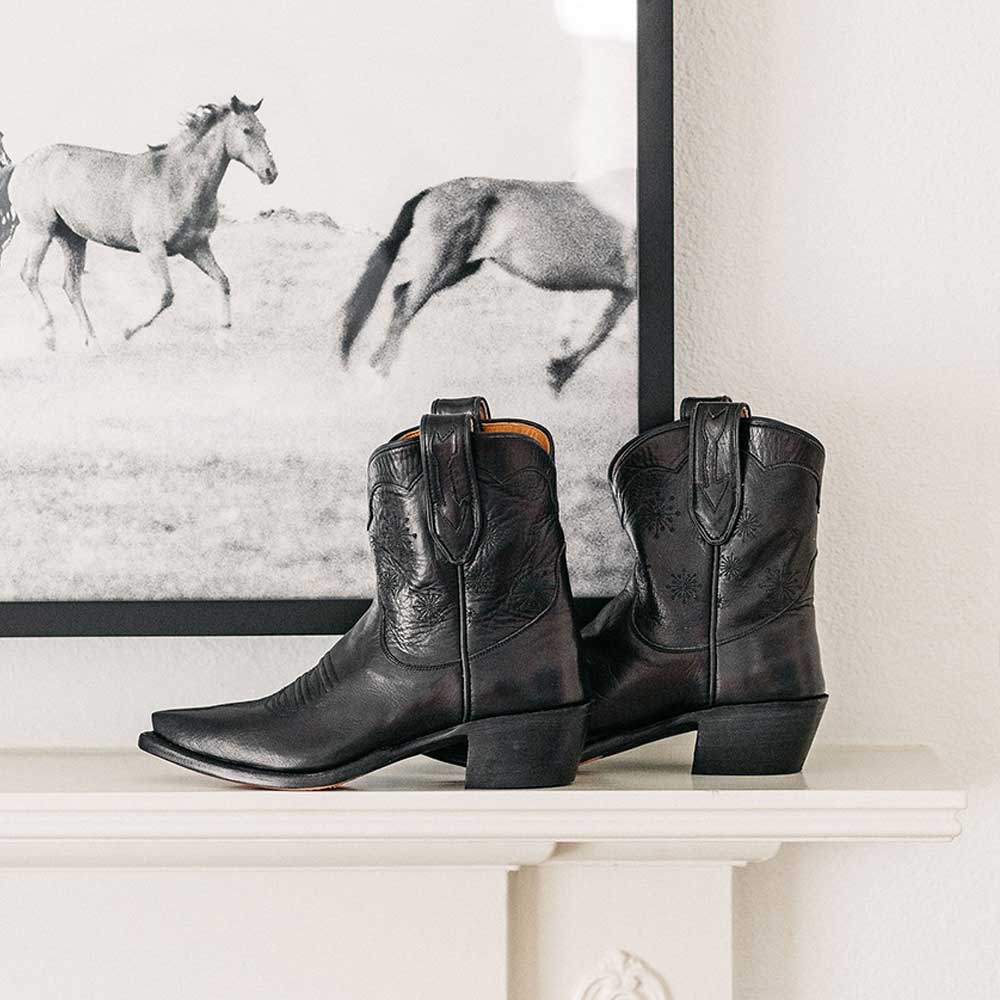 Black Vegan Leather Pointed Toe Chunky Heel Star Cowgirl Booties Nicepairs