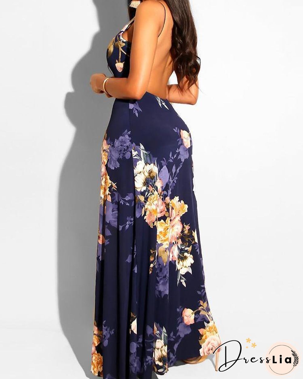 Floral Print Deep V-neck Romper Maxi Dress P11847