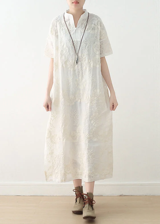 French white linen outfit fine Inspiration embroidery stand collar Dresses Summer Dress