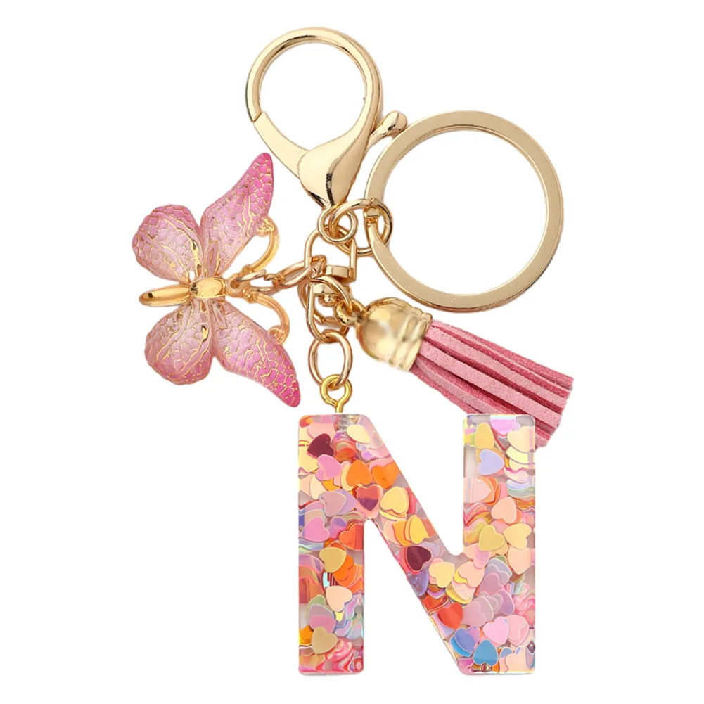 Resin Initial Letter Keychains Alphabet Letter Keychain Pink Tassel Butterfly Key Ring