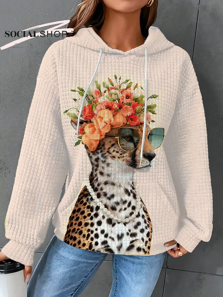 Elegant Floral Leopard Women's Long-Sleeve Hooded Sweatshirt with Waffle Artistry socialshop