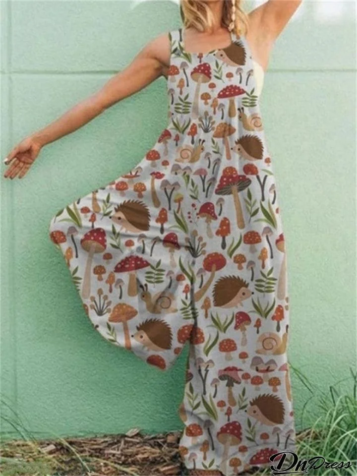 Ladies Temperament Hedgehog Bird Butterfly Print Jumpsuits