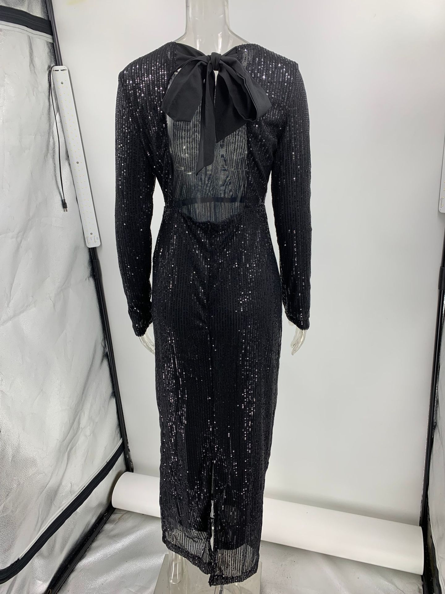Ootddress Tee Bow Sequin Slim Maxi Dress For Women Backless Split Glitter Elegant Club Fashion Party Dress Ladies Long Sleeve Dress