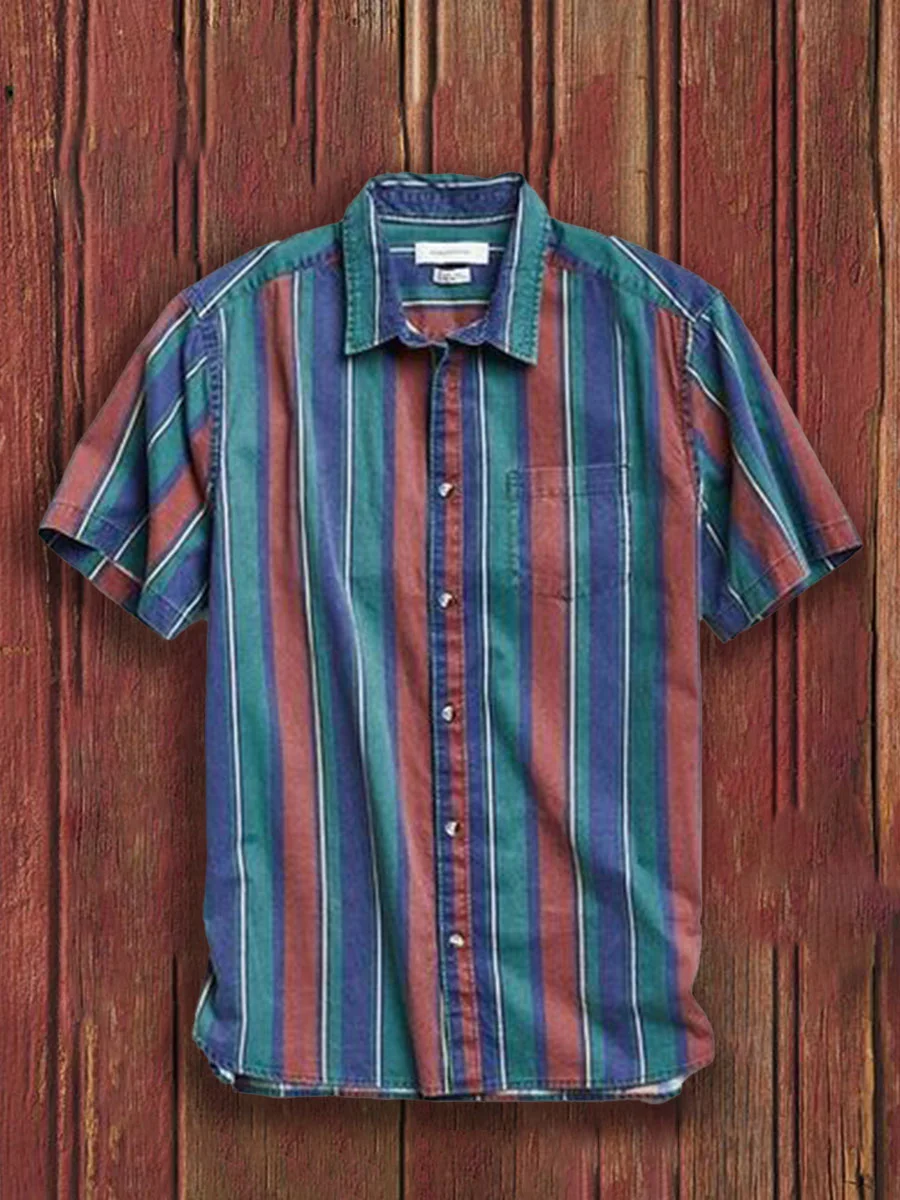 Men's Short Sleeves Blue Red Striped Printed Textured Shirt