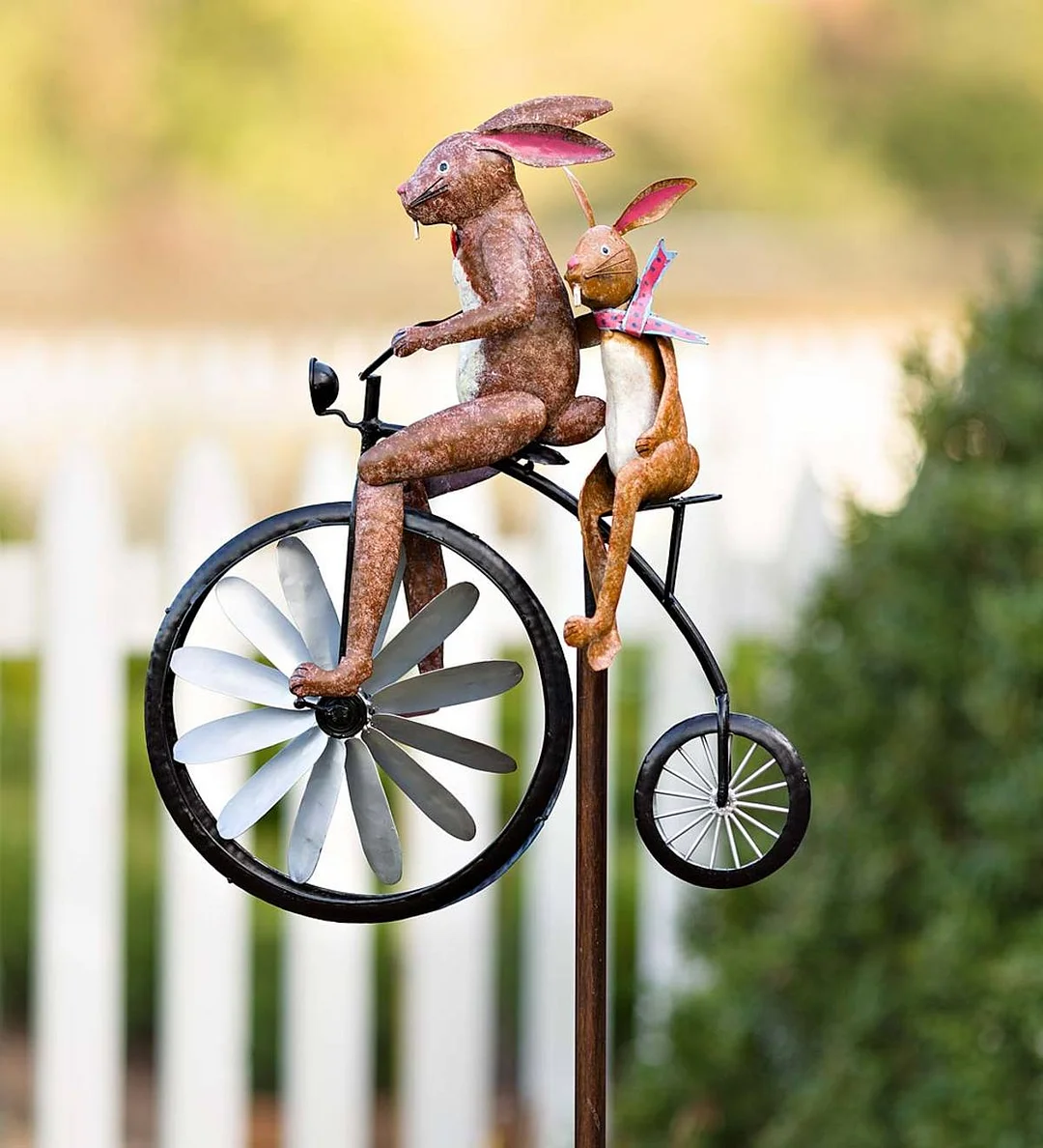 Handmade Bicycling Bunnies Metal Wind Spinner