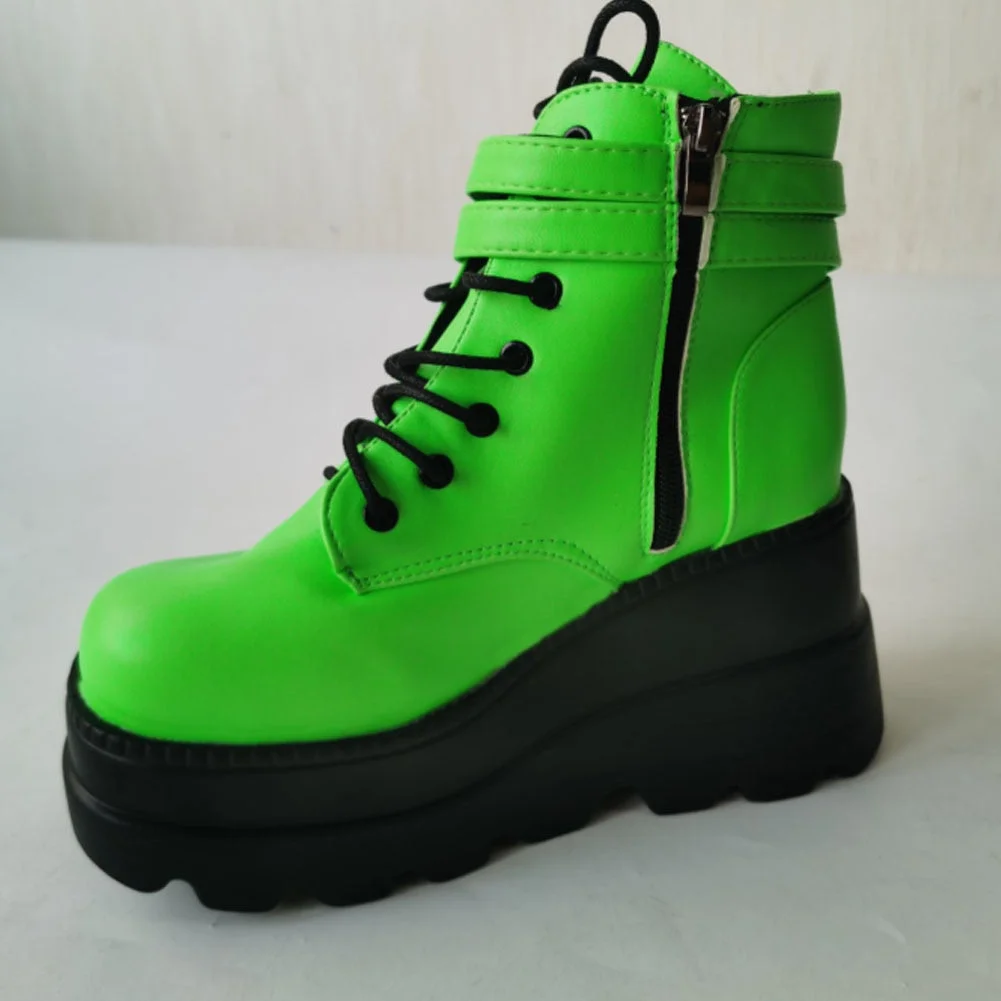 BONJOMARISA New Arrrivals Brand Platform High Wedges Motorcycle women's Boots Light Green Lace Up Punk Goth Autumn Winter Shoes