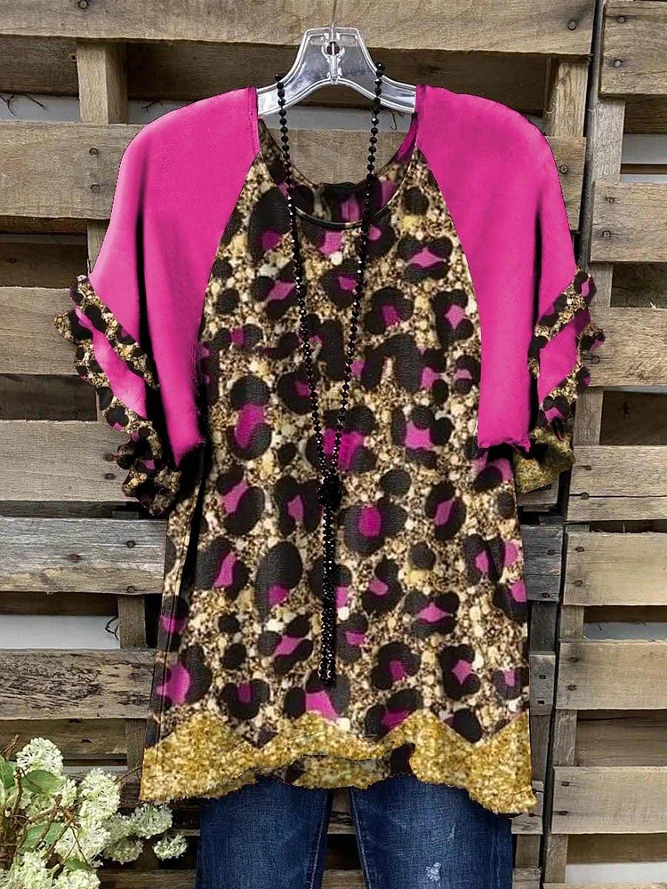 Women's Fashion Round Neck Rose Red Leopard Print Loose Ruffle Short Sleeve Top