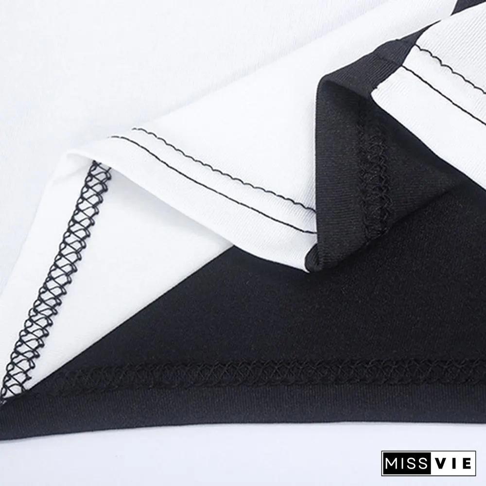V-Neck Summer Womens O-Neck Sleeveless Black and White Patchwork Party Mini Dress Bodycon