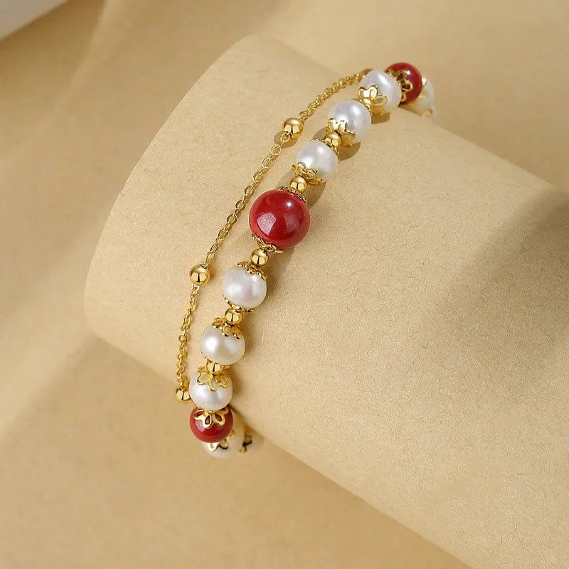925 Sterling Silver Pearl Cinnabar Wisdom Bead Double Layer Chain Bracelet