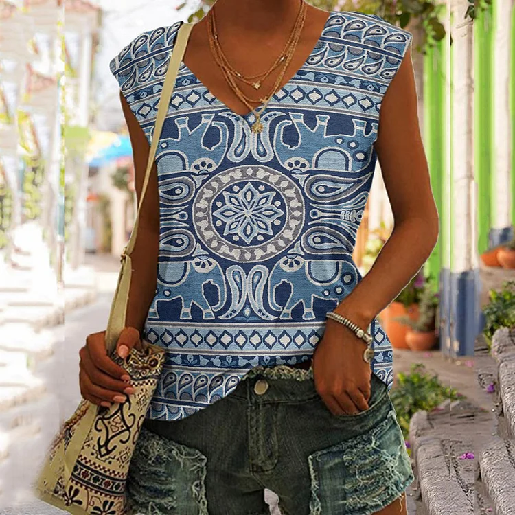 Comstylish Vintage Elephant Ethnic Pattern V-Neck Tank Top