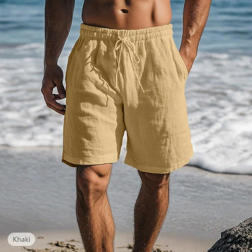 Men's Striped Drawstring Elastic Waist Cotton and Linen Beach Casual Shorts