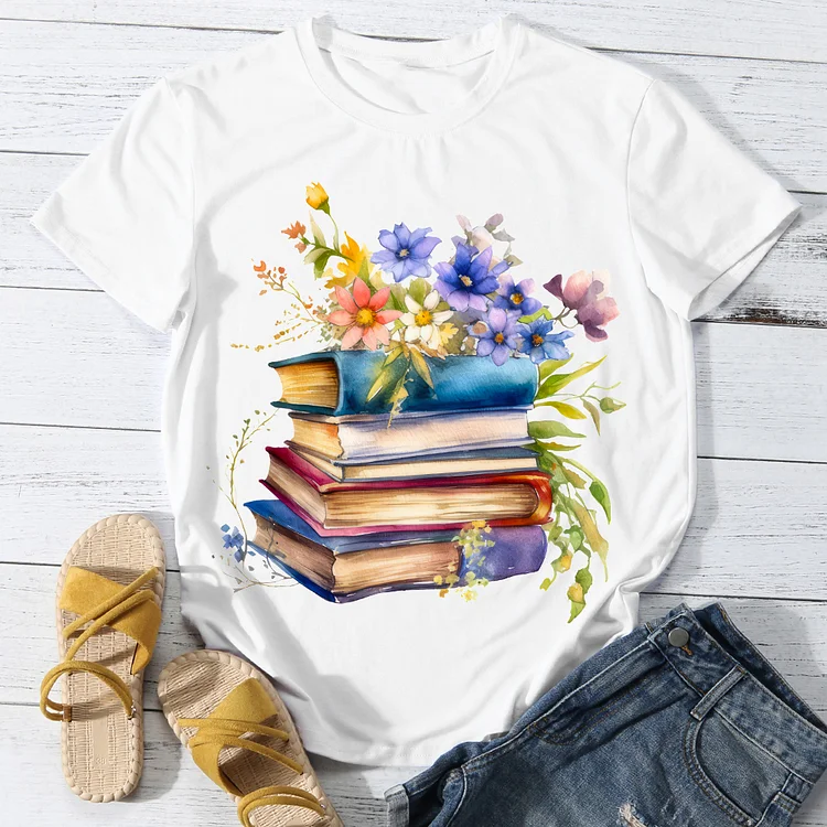 Flowers On Pile Of Books Woman's Casual Round Neck T-Shirt -BSTC1643