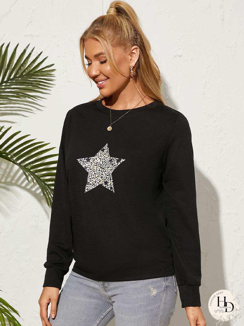 Stars Leopard Print Long Sleeve Crew Neck Sweatshirt Women