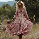 Vintage Boho Floral Pattern Flowy Linen Maxi Dress - Image 2