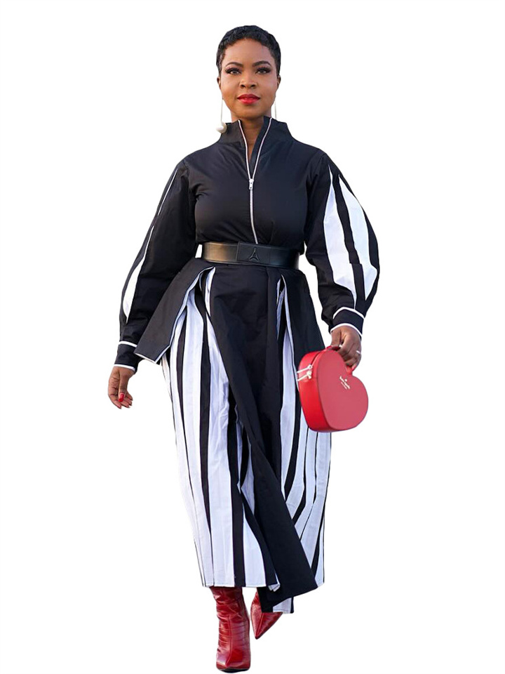 Women's Positioning Burnout Striped Hem Long Sleeve Lantern Sleeve Zipper Half High Neck Dress (Belt Not Included)