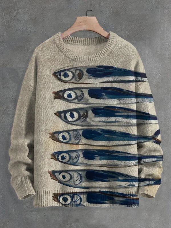Men's Retro Sardines Art Print Knit Sweatshirt