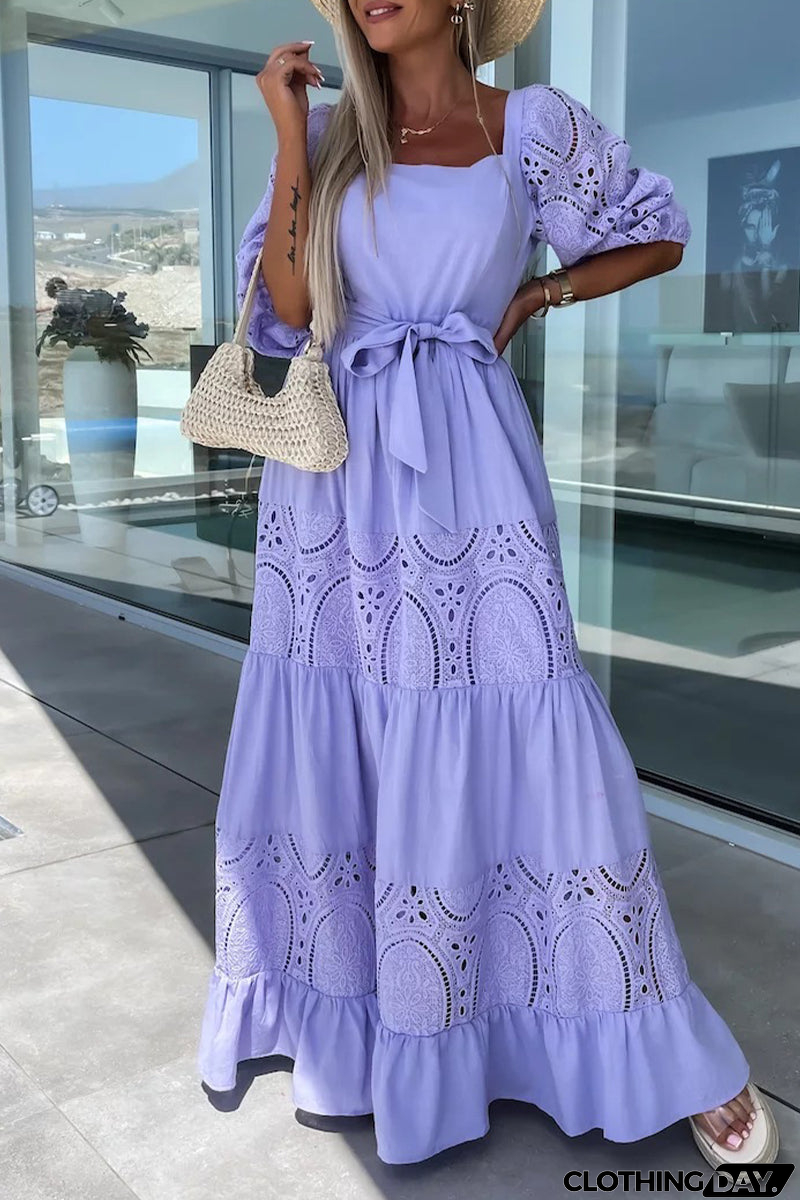 Elegant Solid Hollowed Out Frenulum Square Collar A Line Dresses