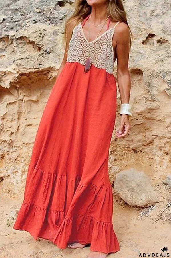 V Neck Cutout Camisole and Halter Neck Maxi Dress Two Piece Set