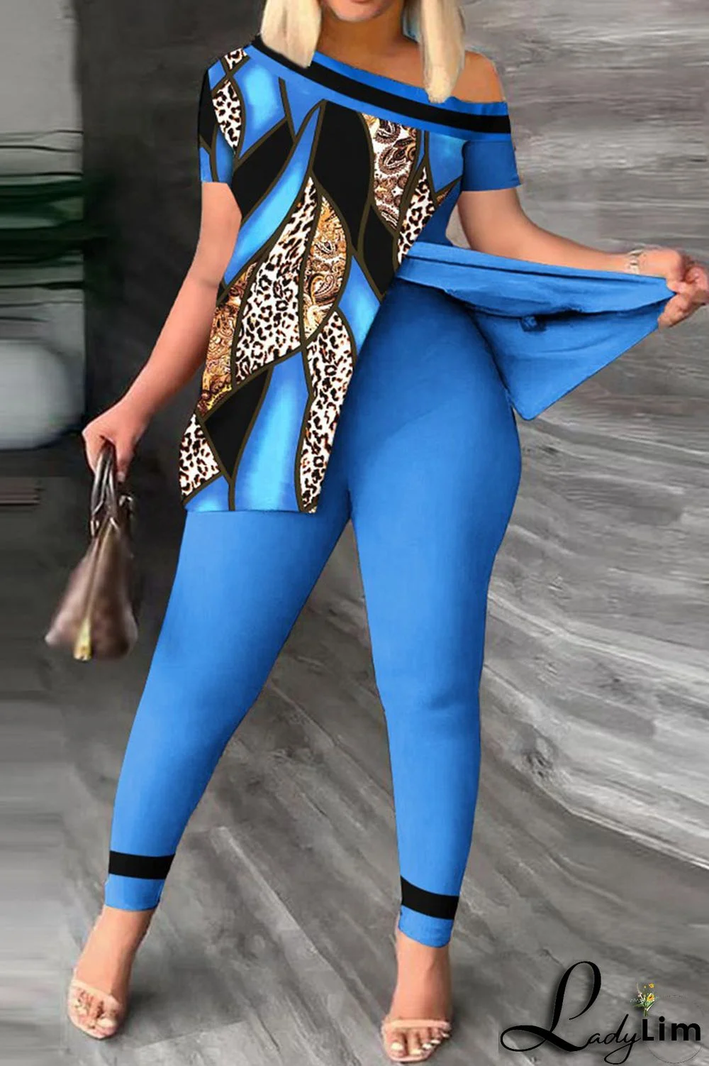 Red Casual Print Patchwork Slit Asymmetrical Oblique Collar Short Sleeve Two Pieces