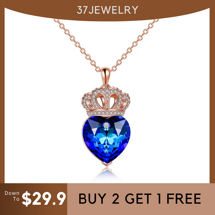 For Daughter - S925 Straighten Your Crown Blue Heart Crystal Crown Necklace
