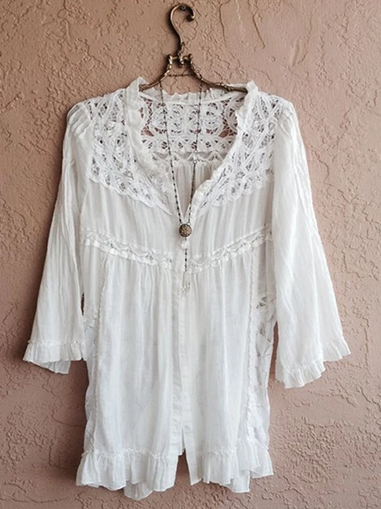 Women's V-neck Floral Lace Back Casual Linen Shirt