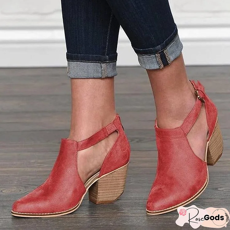 Buckle Cut Out Chunky Heel Zipper Boots