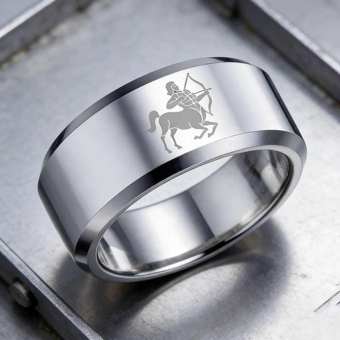 Sliver Sagittarius Couple Wedding Bands Beveled Edges Sliver Laser Etched Tungsten Carbide Rings 4MM 6MM 8MM Width