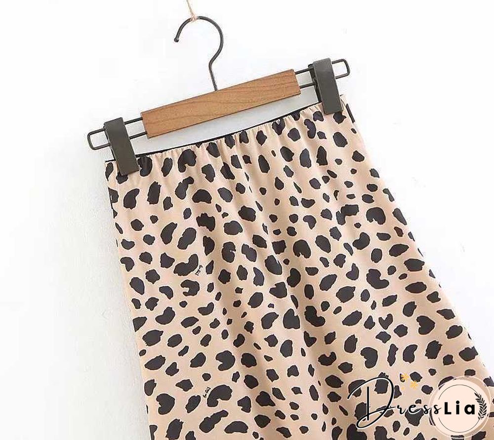 Retro Elastic Band High Waisted Leopard Print Satin Midi Skirt