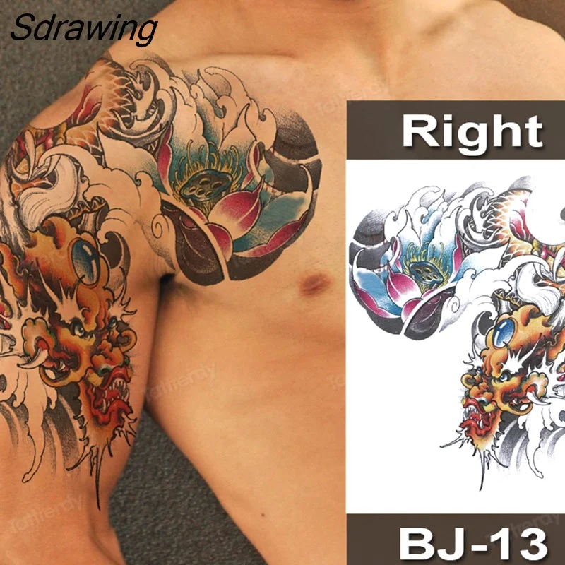 Sdrawing Fox Totem Dragon Waterproof Temporary Tattoos Body Art Arm Shoulder Chest Tattoo Sticker Black Tatouage Men Adult Large
