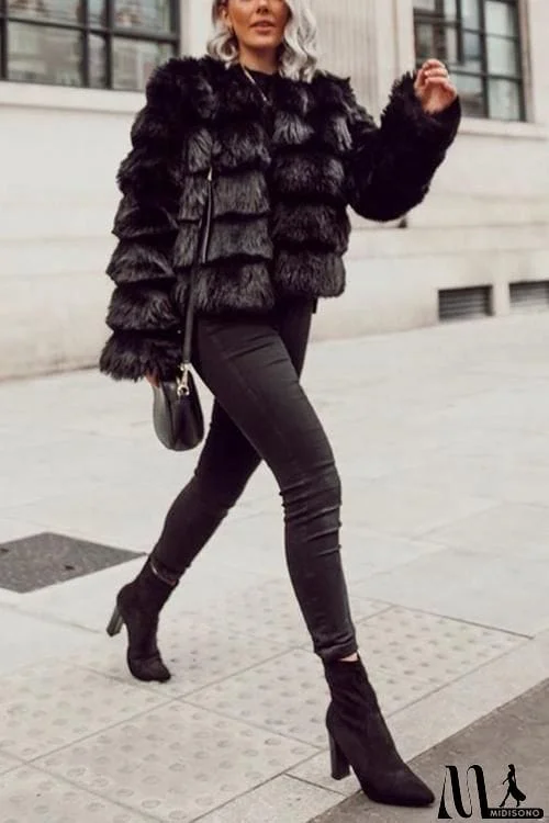 Layer O Neck Faux Fur Coat