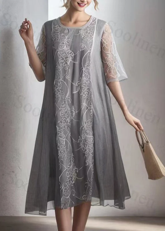 Plus Size Grey Patchwork Silk Maxi Dress Short Sleeve