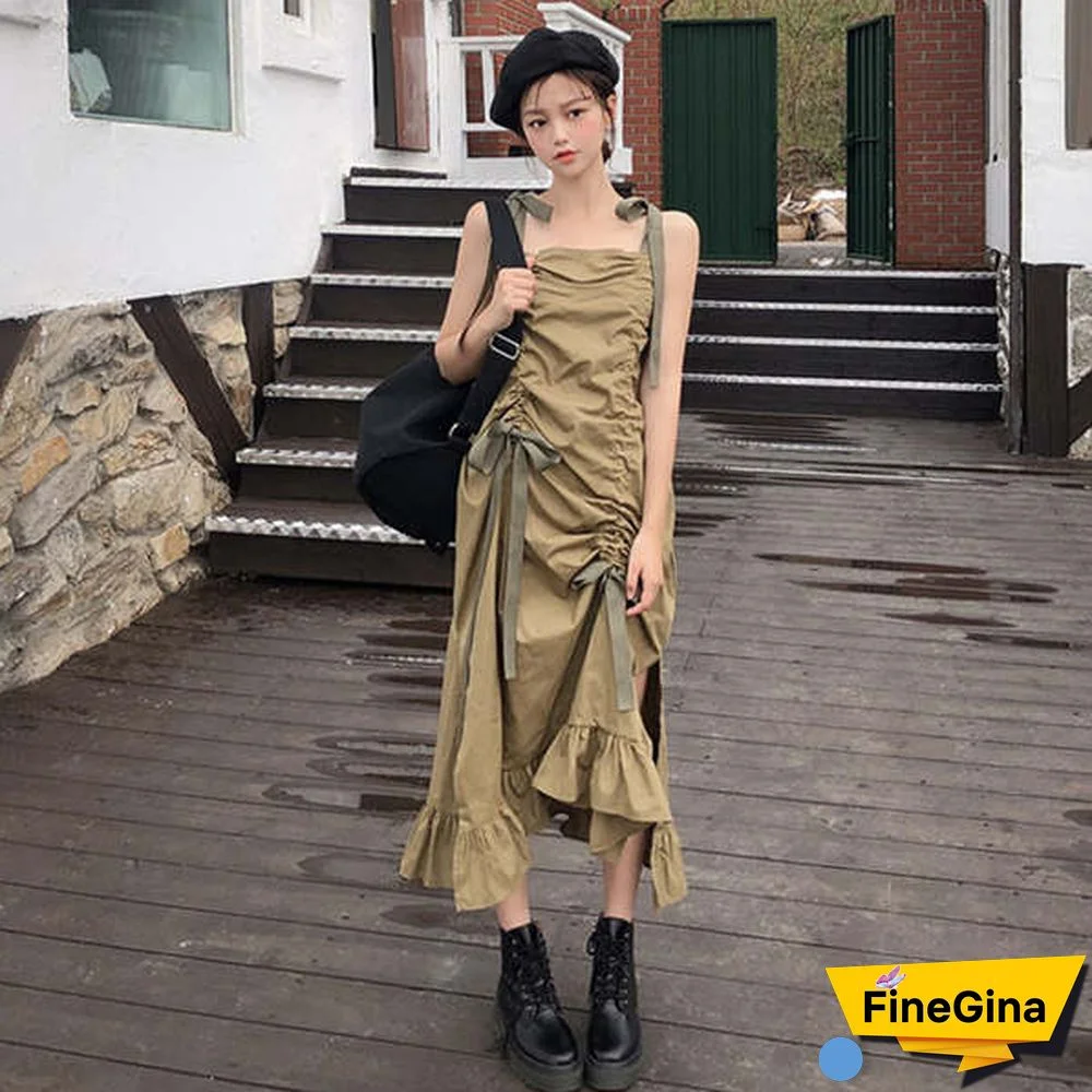 New Arrivals Women Green Asymmetrical Dress Spaghetti Strap Drawstring Side Spilt Loose Vestidos Korean Stylish Dress