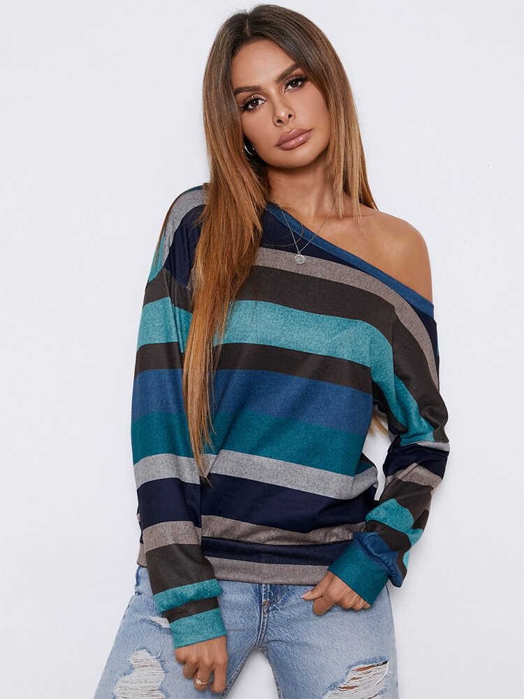 Stripe Print Contrast Color One Shoulder Casual Sweatshirt - BlackFridayBuys