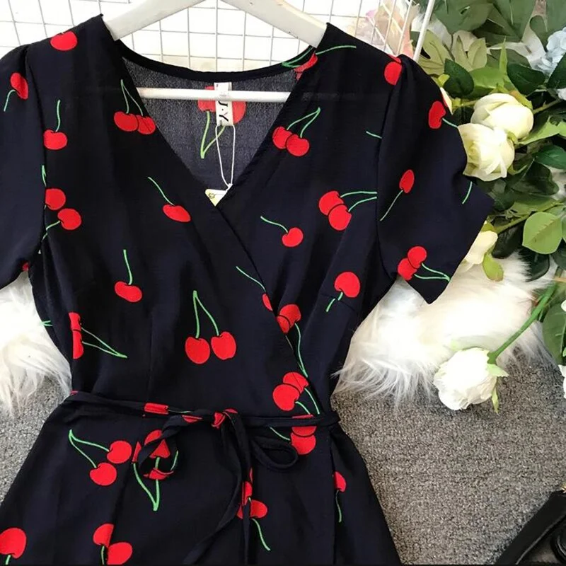 2020 Summer Elegant V-neck Cherry Print Women Dress Short sleeve Slim Bohemia Chiffon Dresses A-Line Ladies Wrap Dress Vestidos