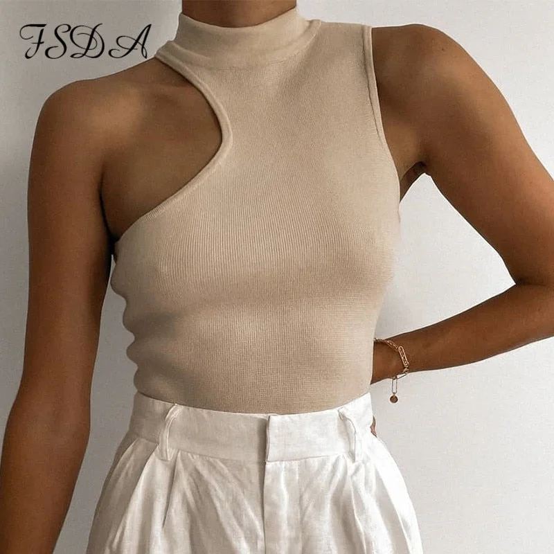 FSDA 2021 Turtleneck Crop Top Knitted Women Brown Casual Summer Basic T Shirts Sexy Off Shoulder Black Sleeveless Tank Tops
