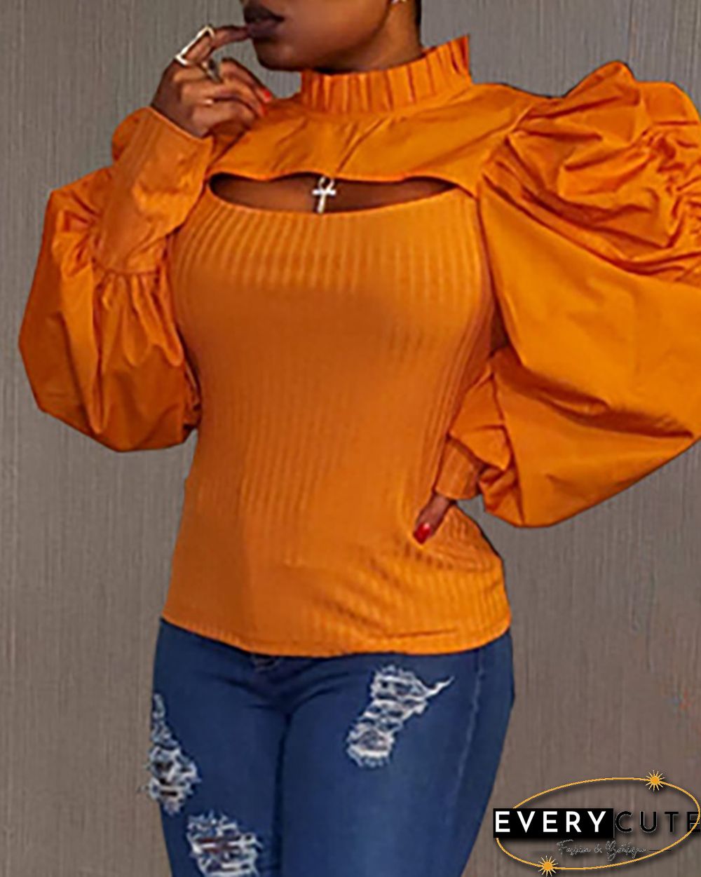 Plain Puff Sleeve Cutout Top