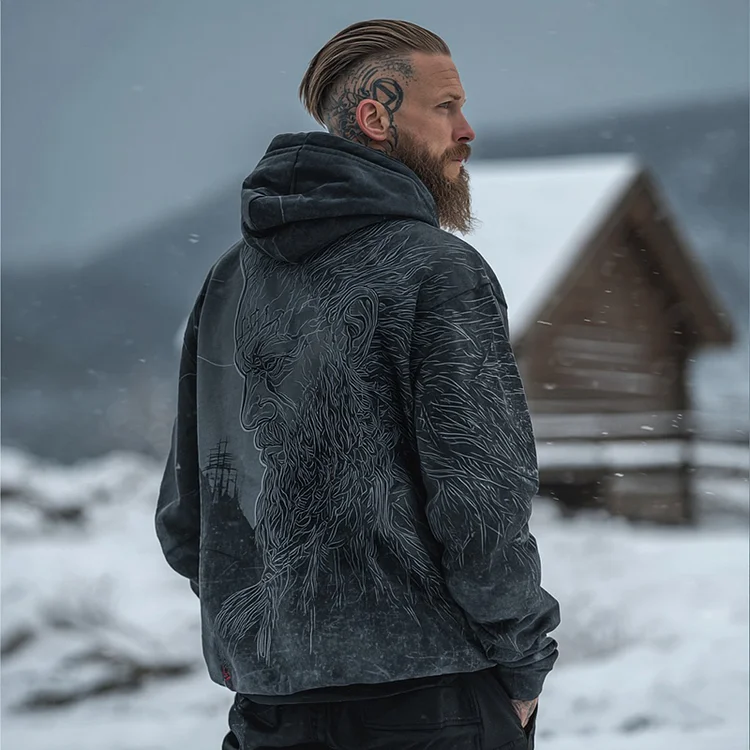 Men's Retro Viking Warrior Pencil Drawing Art Pattern Casual Hoodie